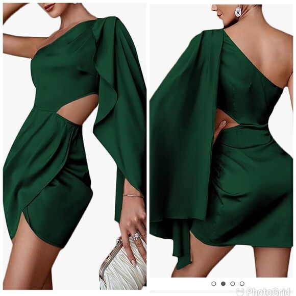 Elegant Satin One Shoulder Cut Out Waist Mini Dress - Picture 1 of 13